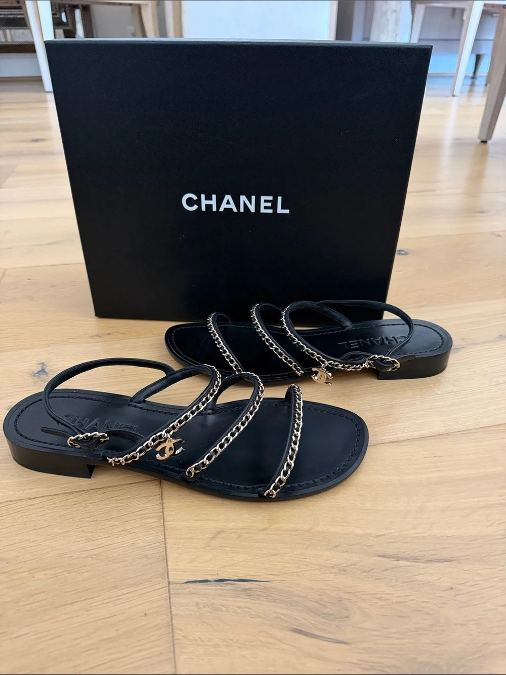 CHANEL Black Leather Chain-Strap Sandals with Gold CC Charm